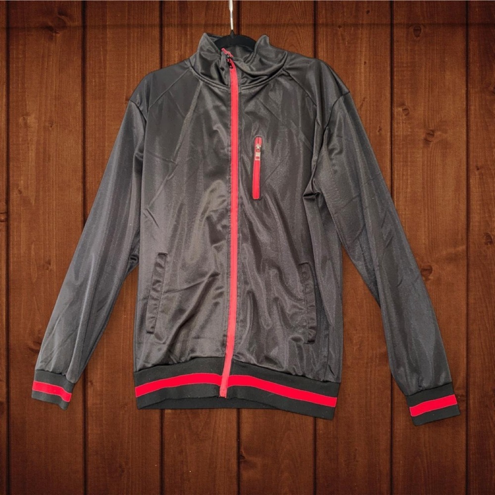 True Rock Black Full Zip Track Jacket Red Trim Zip Pockets Y2K Athleisure Medium